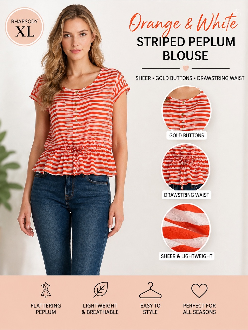 Rhapsody Orange & White Striped Peplum Blouse XL Sheer Gold Buttons Top